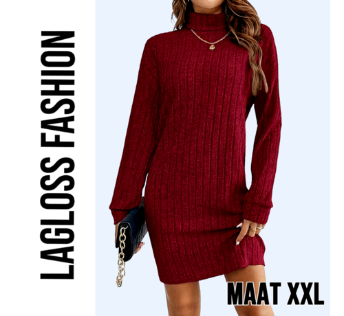 LaGloss LaGloss® Elegante Bordeaux Jurk met Kraag en Lange Mouwen – Franse Stijl Dames Jurk voor Herfst & Lente - Maat XXL