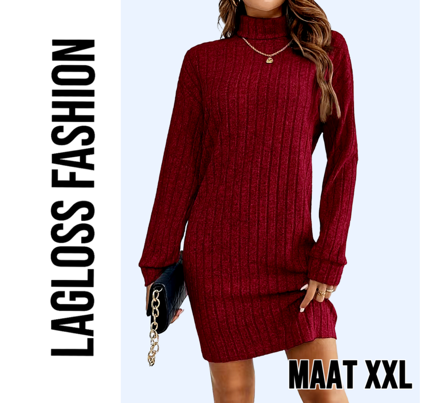 LaGloss® Elegante Bordeaux Jurk met Kraag en Lange Mouwen – Franse Stijl Dames Jurk voor Herfst & Lente - Maat XXL