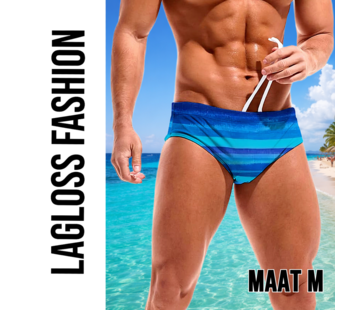 LaGloss Heren Zwemslip Blauw met Strepen en Elastische Taille – Maat M