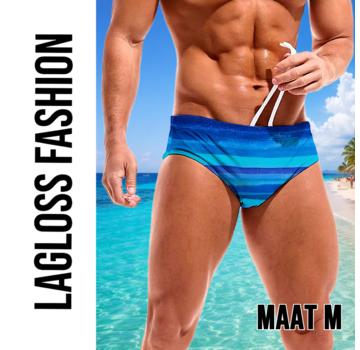 LaGloss Heren Zwemslip Blauw met Strepen en Elastische Taille – Maat M
