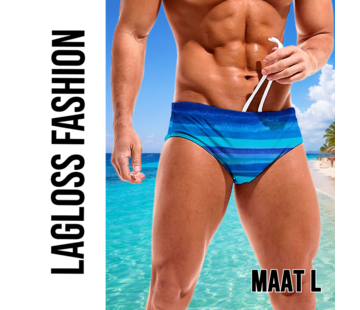 LaGloss Heren Zwemslip Blauw met Strepen en Elastische Taille – Maat L