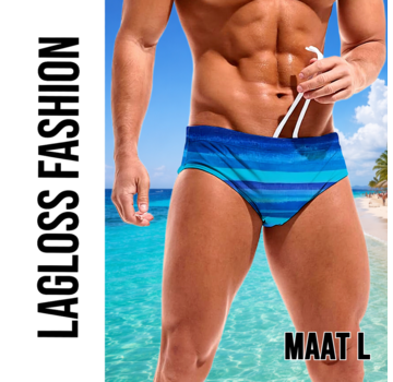 LaGloss Heren Zwemslip Blauw met Strepen en Elastische Taille – Maat L