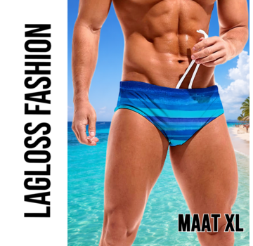 LaGloss Heren Zwemslip Blauw met Strepen en Elastische Taille – Maat XL