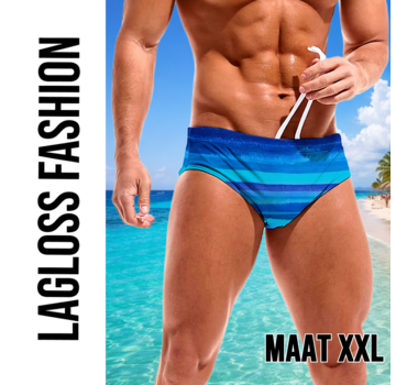 LaGloss Heren Zwemslip Blauw met Strepen en Elastische Taille – Maat XXL