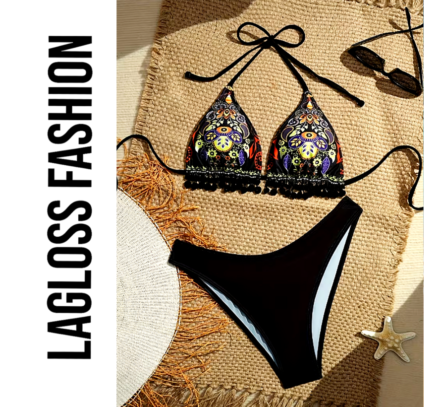 LaGloss® 2-delig Bohemian Bikini Dames met Paisley Bloemenprint en Kwastjes – Strandmode – Beach Fashion - Maat XL