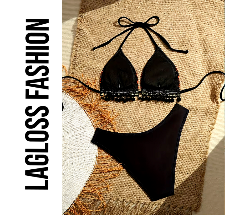 LaGloss® 2-delig Bohemian Bikini Dames met Paisley Bloemenprint en Kwastjes – Strandmode – Beach Fashion - Maat XL