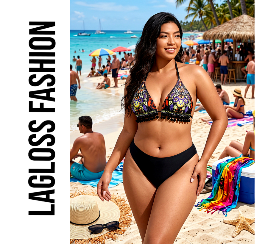LaGloss® 2-delig Bohemian Bikini Dames met Paisley Bloemenprint en Kwastjes – Strandmode – Beach Fashion - Maat XL