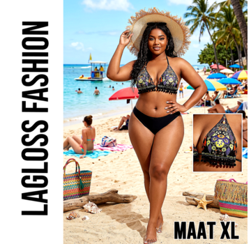LaGloss 2-delig Bohemian Bikini Dames met Paisley Bloemenprint en Kwastjes – Maat XL