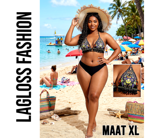 LaGloss LaGloss® 2-delig Bohemian Bikini Dames met Paisley Bloemenprint en Kwastjes – Strandmode – Beach Fashion - Maat XL