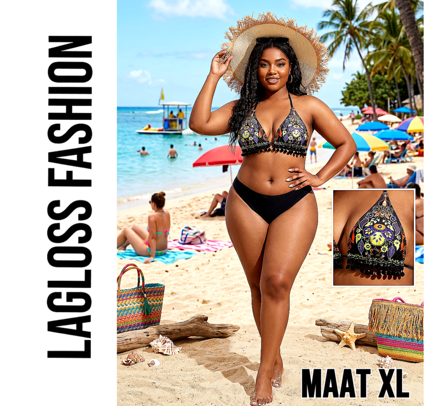 LaGloss® 2-delig Bohemian Bikini Dames met Paisley Bloemenprint en Kwastjes – Strandmode – Beach Fashion - Maat XL