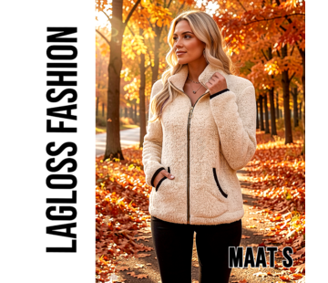 LaGloss Dames Jas Beige – Warme Pluche Jas met Rits en Zakken – Maat S