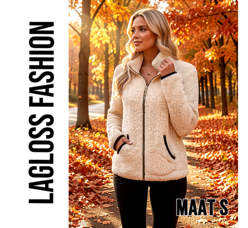 LaGloss LaGloss ® Dames Jas Beige – Warme Pluche Jas met Rits en Zakken – Casual Herfstjas met Lange Mouwen - Maat S
