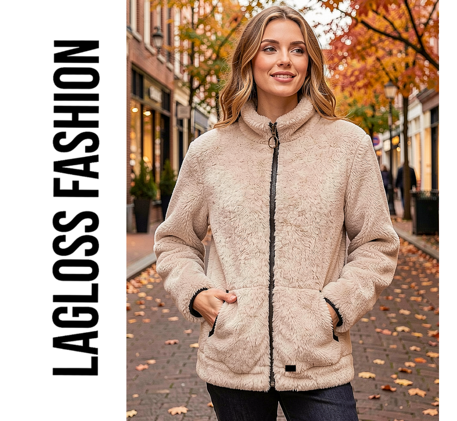 LaGloss ® Dames Jas Beige – Warme Pluche Jas met Rits en Zakken – Casual Herfstjas met Lange Mouwen - Maat S
