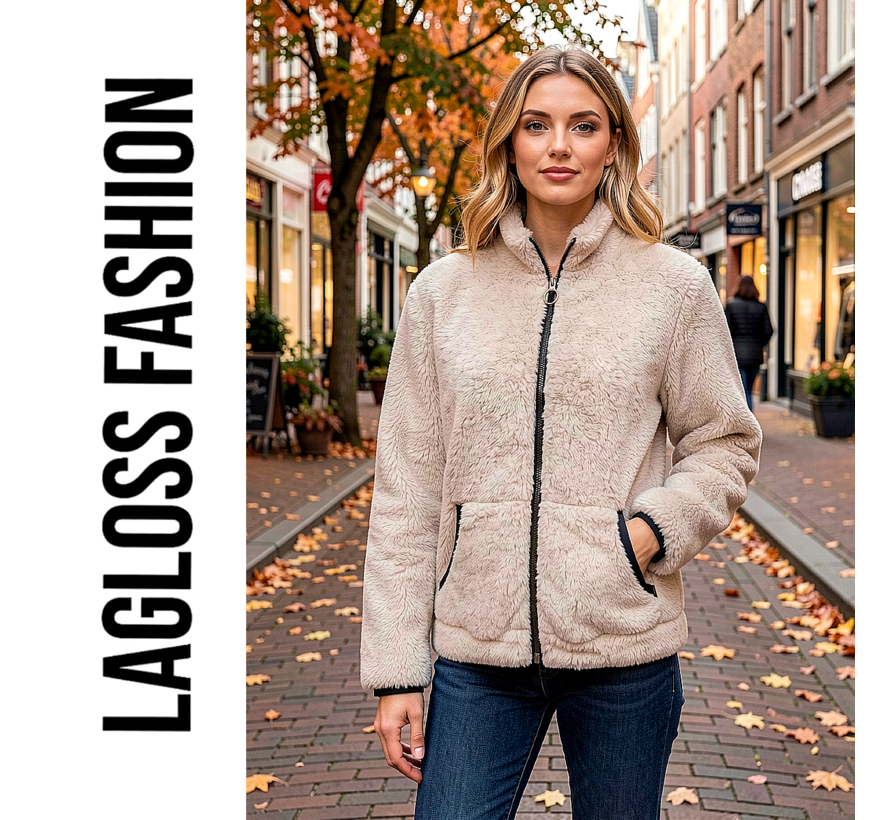 LaGloss ® Dames Jas Beige – Warme Pluche Jas met Rits en Zakken – Casual Herfstjas met Lange Mouwen - Maat L