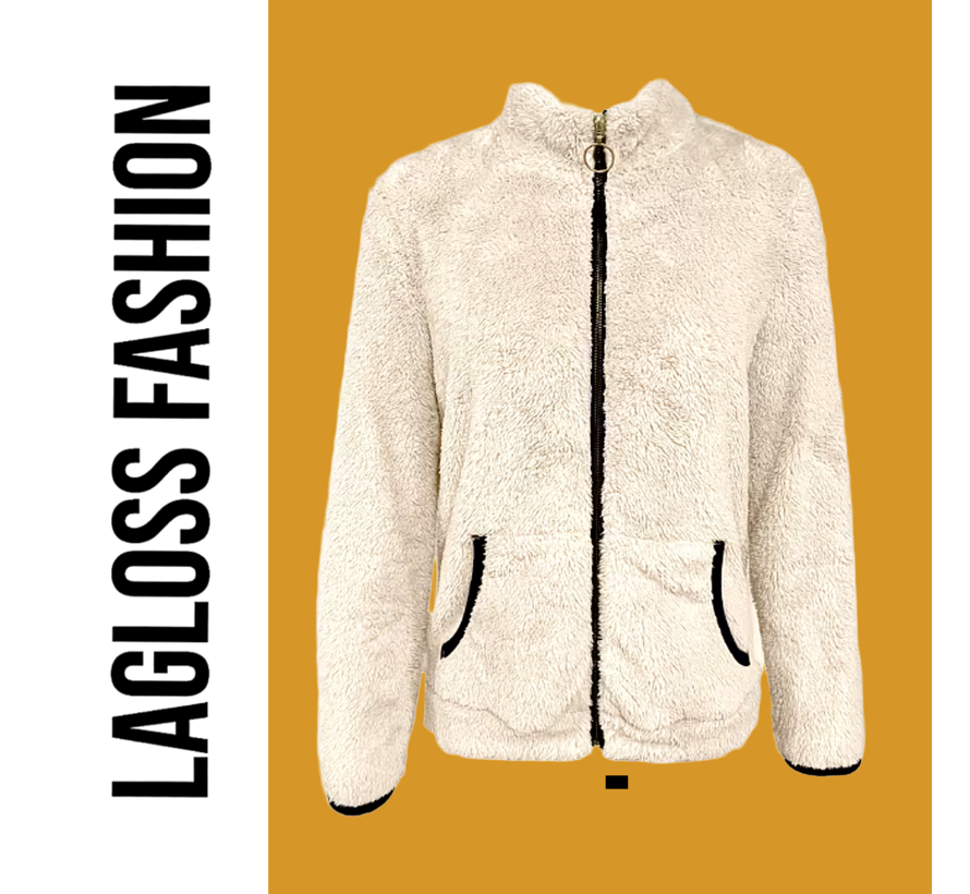 LaGloss ® Dames Jas Beige – Warme Pluche Jas met Rits en Zakken – Casual Herfstjas met Lange Mouwen - Maat L