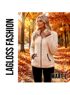 LaGloss Dames Jas Beige – Warme Pluche Jas met Rits en Zakken – Maat L