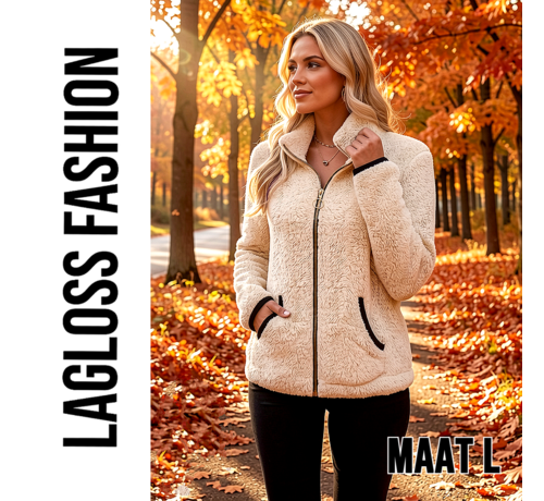 LaGloss LaGloss ® Dames Jas Beige – Warme Pluche Jas met Rits en Zakken – Casual Herfstjas met Lange Mouwen - Maat L