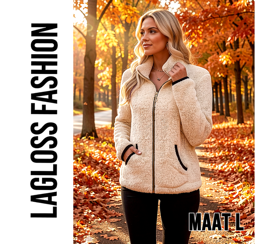 LaGloss ® Dames Jas Beige – Warme Pluche Jas met Rits en Zakken – Casual Herfstjas met Lange Mouwen - Maat L