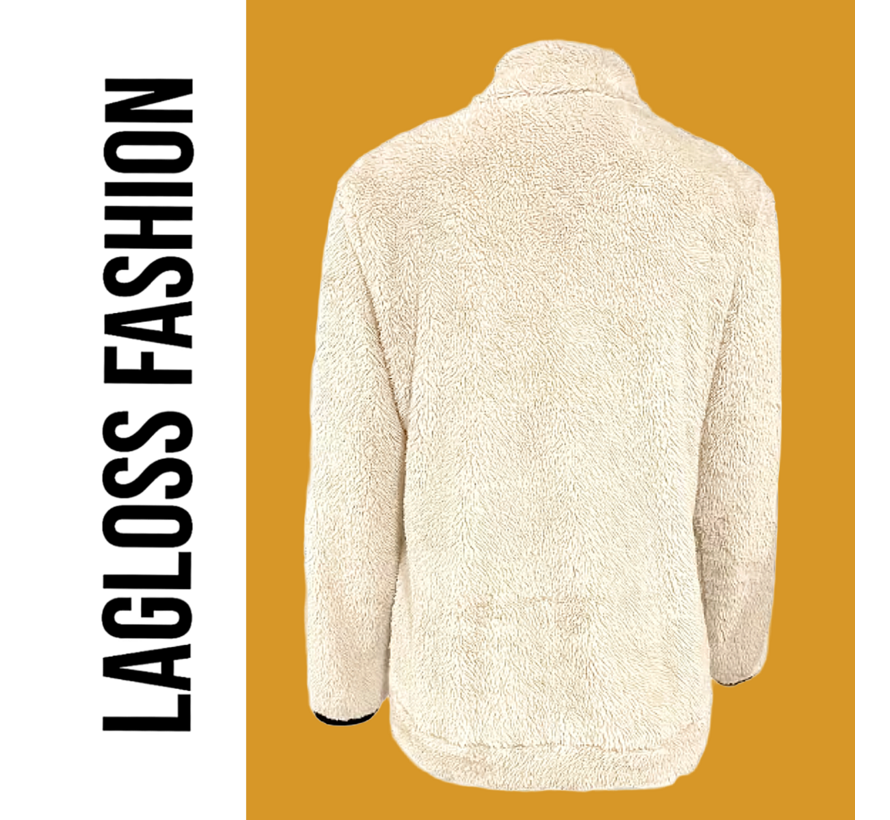 LaGloss ® Dames Jas Beige – Warme Pluche Jas met Rits en Zakken – Casual Herfstjas met Lange Mouwen - Maat XXL