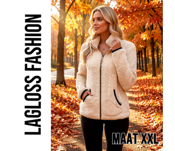 LaGloss Dames Jas Beige – Warme Pluche Jas met Rits en Zakken – Maat XXL