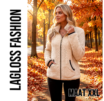 LaGloss Dames Jas Beige – Warme Pluche Jas met Rits en Zakken – Maat XXL