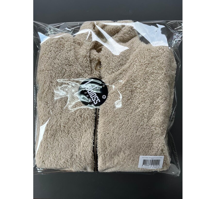 LaGloss ® Dames Jas Beige – Warme Pluche Jas met Rits en Zakken – Casual Herfstjas met Lange Mouwen - Maat L
