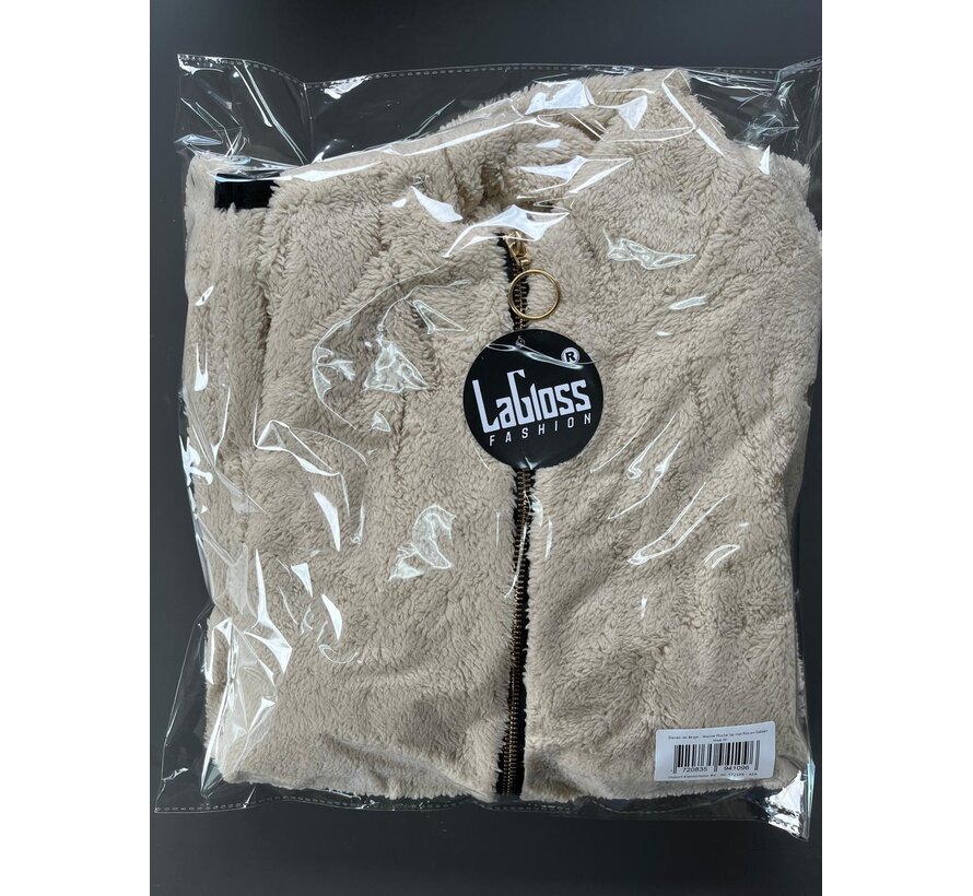 LaGloss ® Dames Jas Beige – Warme Pluche Jas met Rits en Zakken – Casual Herfstjas met Lange Mouwen - Maat M