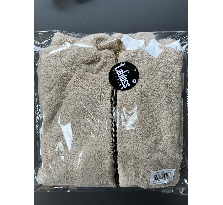 LaGloss ® Dames Jas Beige – Warme Pluche Jas met Rits en Zakken – Casual Herfstjas met Lange Mouwen - Maat XXL