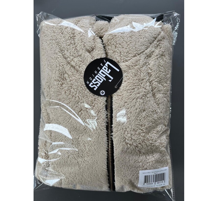 LaGloss ® Dames Jas Beige – Warme Pluche Jas met Rits en Zakken – Casual Herfstjas met Lange Mouwen - Maat XL