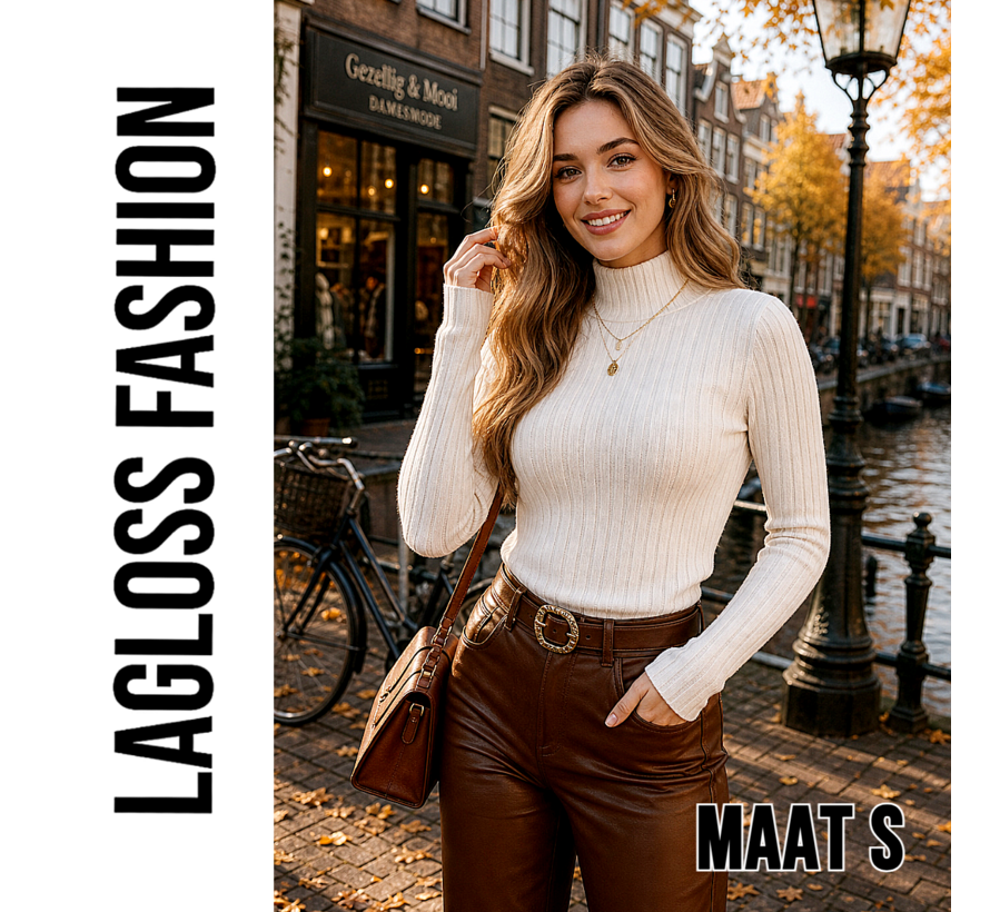 LaGloss® Dames Trui Top Hoge Hals – Creme - Elegante Aansluitende Trui met Lange Mouwen – Effen Stretch Top voor Herfst en Winter - Maat S