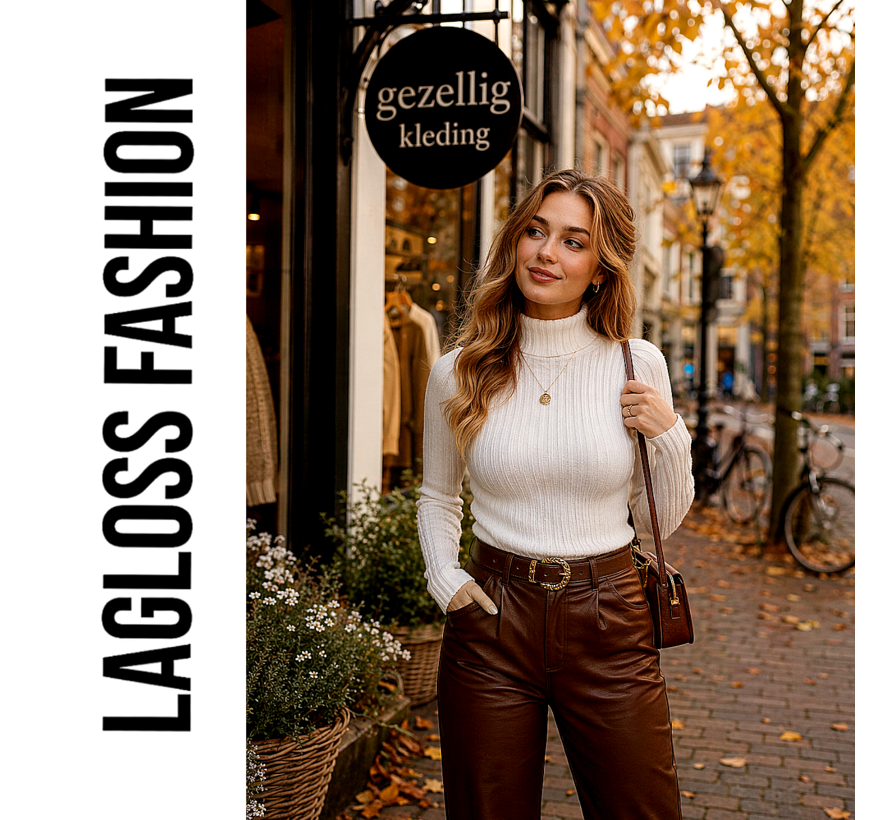 LaGloss® Dames Trui Top Hoge Hals – Creme - Elegante Aansluitende Trui met Lange Mouwen – Effen Stretch Top voor Herfst en Winter - Maat S