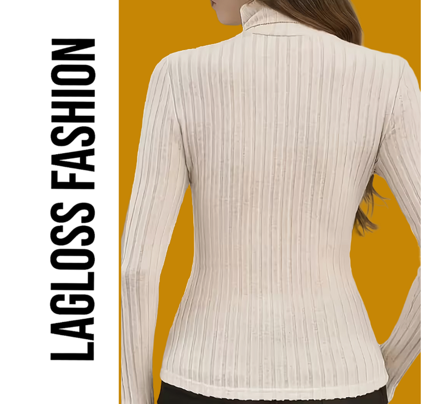 LaGloss® Dames Trui Top Hoge Hals – Creme - Elegante Aansluitende Trui met Lange Mouwen – Effen Stretch Top voor Herfst en Winter - Maat S