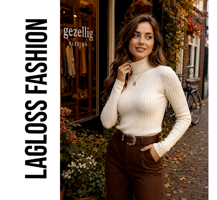 LaGloss® Dames Trui Top Hoge Hals – Creme - Elegante Aansluitende Trui met Lange Mouwen – Effen Stretch Top voor Herfst en Winter - Maat M
