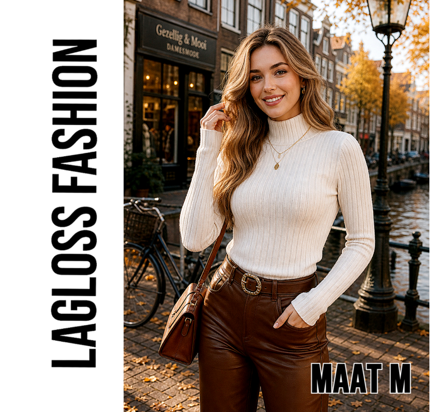 LaGloss® Dames Trui Top Hoge Hals – Creme - Elegante Aansluitende Trui met Lange Mouwen – Effen Stretch Top voor Herfst en Winter - Maat M
