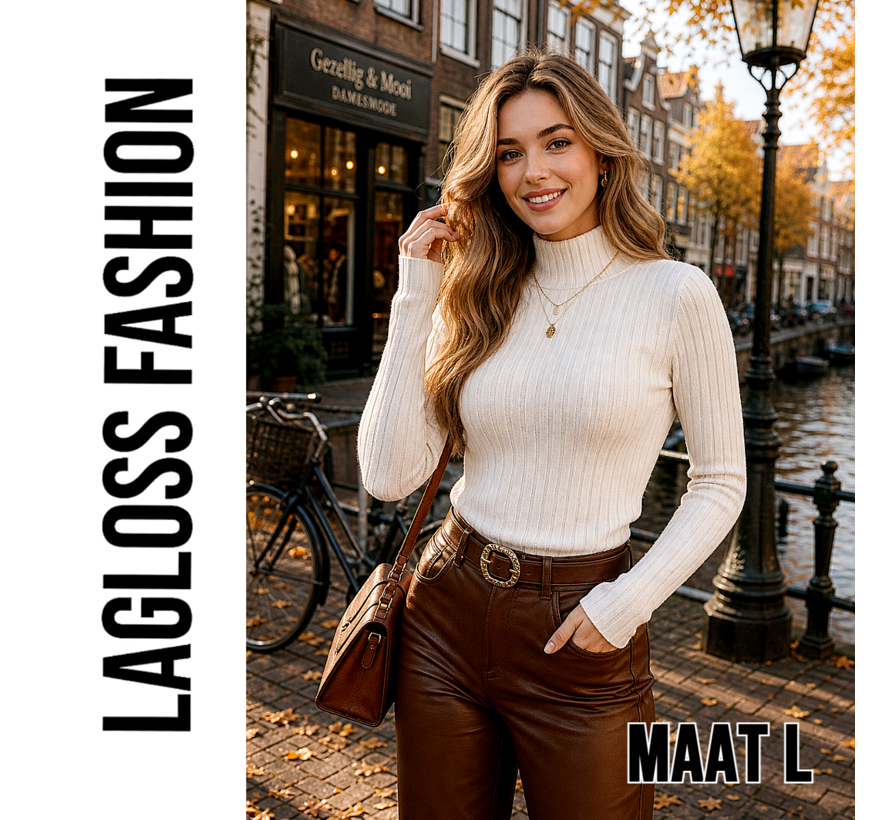 LaGloss® Dames Trui Top Hoge Hals – Creme - Elegante Aansluitende Trui met Lange Mouwen – Effen Stretch Top voor Herfst en Winter - Maat L