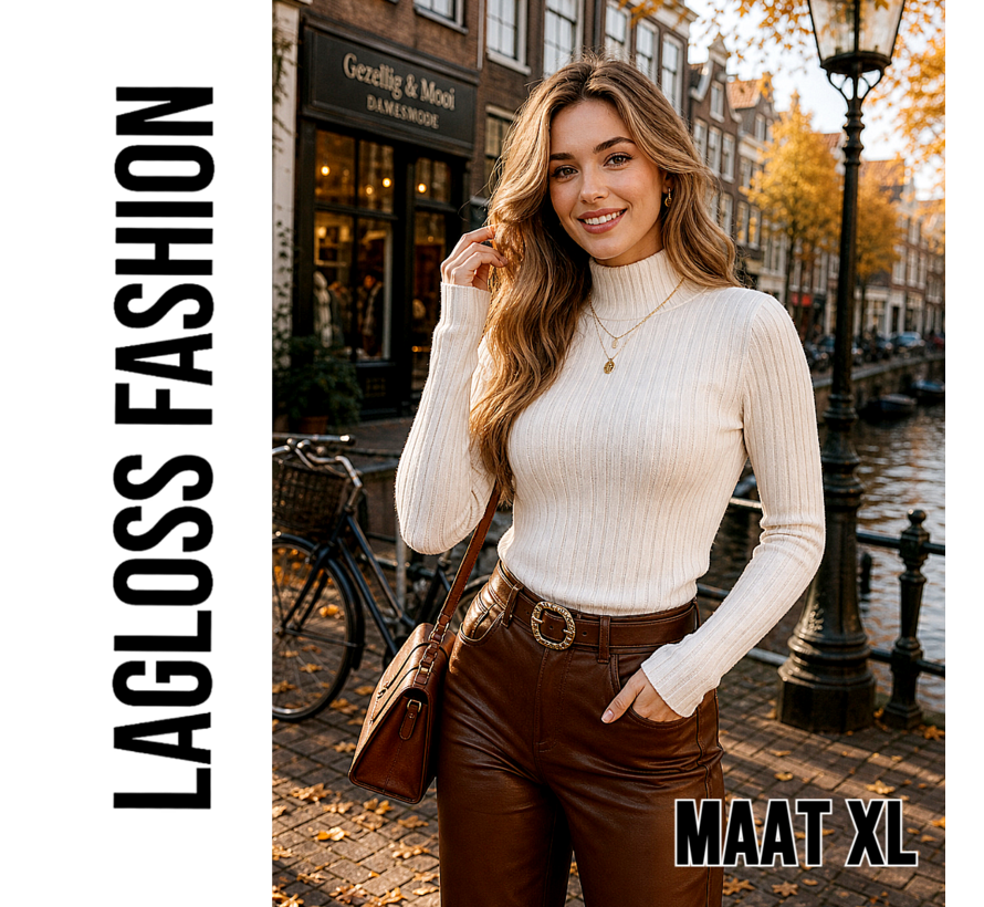 LaGloss® Dames Trui Top Hoge Hals – Creme - Elegante Aansluitende Trui met Lange Mouwen – Effen Stretch Top voor Herfst en Winter - Maat XL