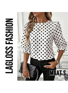 LaGloss Dames Blouse met Zwarte Polka Dots met Pofmouwen – Maat S