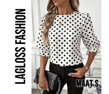 LaGloss Dames Blouse met Zwarte Polka Dots met Pofmouwen – Maat S