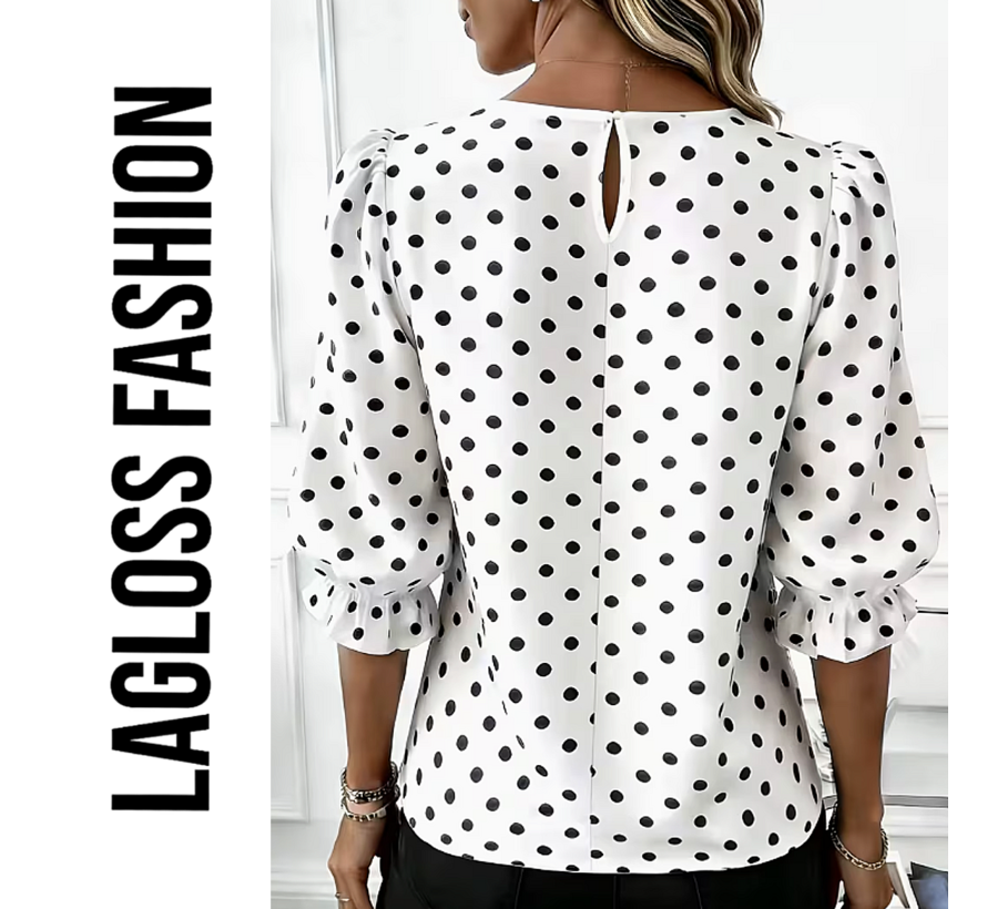 LaGloss® Dames Blouse met Zwarte Polka Dots – Elegante Witte Top met Lantaarn Pofmouwen – Casual & Chique Blouse - Maat S