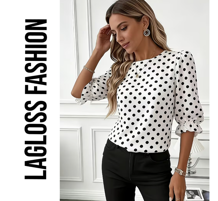 LaGloss® Dames Blouse met Zwarte Polka Dots – Elegante Witte Top met Lantaarn Pofmouwen – Casual & Chique Blouse - Maat M