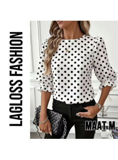 LaGloss Dames Blouse met Zwarte Polka Dots met Pofmouwen – Maat M
