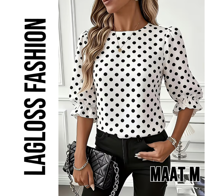 LaGloss® Dames Blouse met Zwarte Polka Dots – Elegante Witte Top met Lantaarn Pofmouwen – Casual & Chique Blouse - Maat M