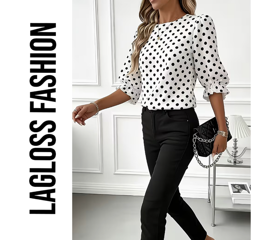 LaGloss® Dames Blouse met Zwarte Polka Dots – Elegante Witte Top met Lantaarn Pofmouwen – Casual & Chique Blouse - Maat L