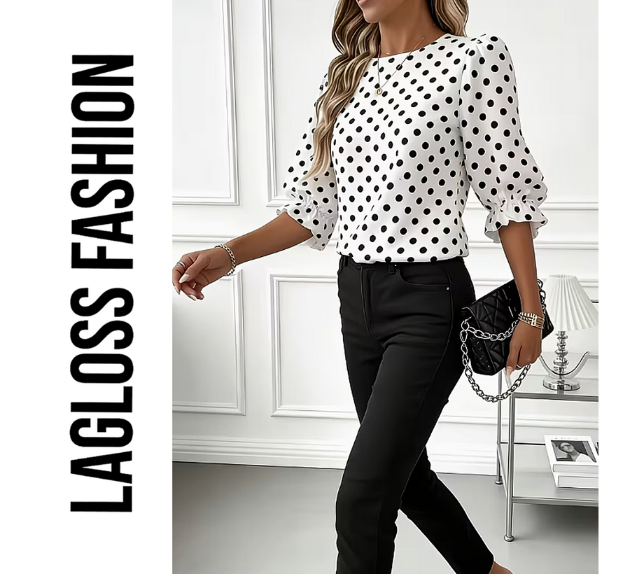 LaGloss® Dames Blouse met Zwarte Polka Dots – Elegante Witte Top met Lantaarn Pofmouwen – Casual & Chique Blouse - Maat XL