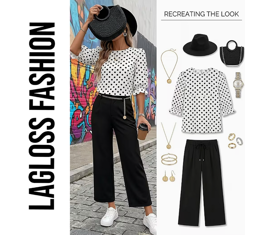 LaGloss® Dames Blouse met Zwarte Polka Dots – Elegante Witte Top met Lantaarn Pofmouwen – Casual & Chique Blouse - Maat XL