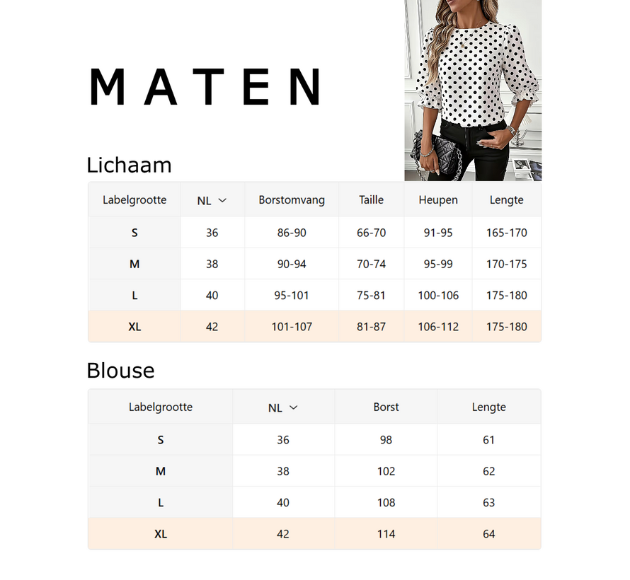LaGloss® Dames Blouse met Zwarte Polka Dots – Elegante Witte Top met Lantaarn Pofmouwen – Casual & Chique Blouse - Maat XL