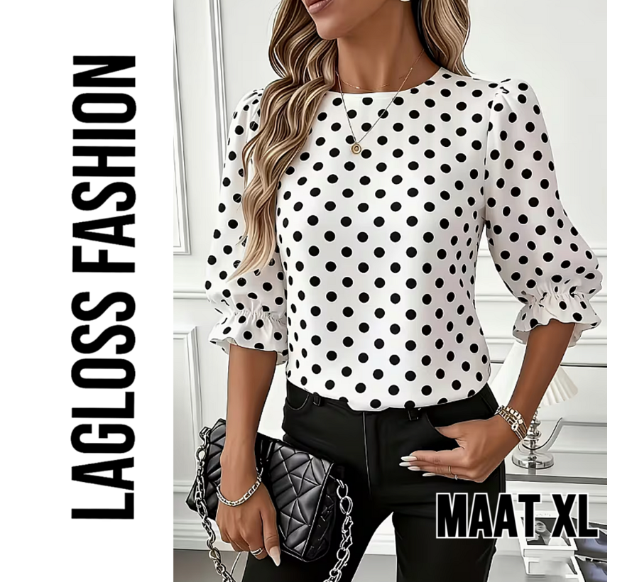LaGloss® Dames Blouse met Zwarte Polka Dots – Elegante Witte Top met Lantaarn Pofmouwen – Casual & Chique Blouse - Maat XL