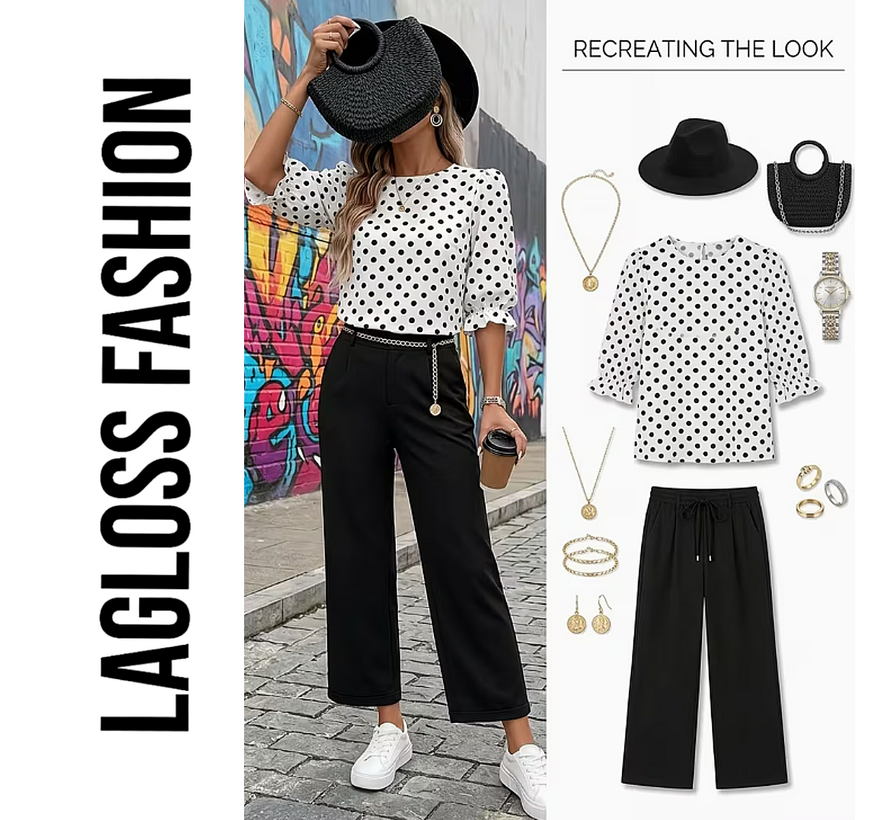 LaGloss® Dames Blouse met Zwarte Polka Dots – Elegante Witte Top met Lantaarn Pofmouwen – Casual & Chique Blouse - Maat XXL