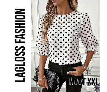 LaGloss Dames Blouse met Zwarte Polka Dots met Pofmouwen – Maat XXL