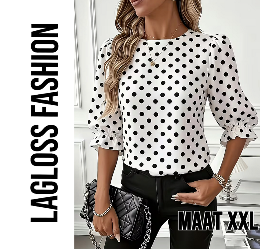 LaGloss® Dames Blouse met Zwarte Polka Dots – Elegante Witte Top met Lantaarn Pofmouwen – Casual & Chique Blouse - Maat XXL